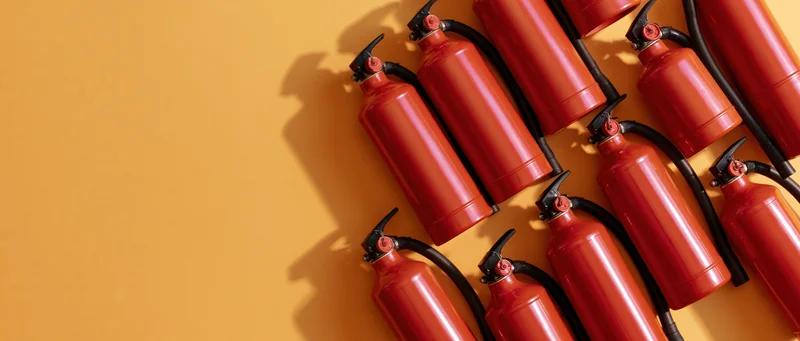 Multiple red fire extinguishers arranged diagonally on orange background with copyspace