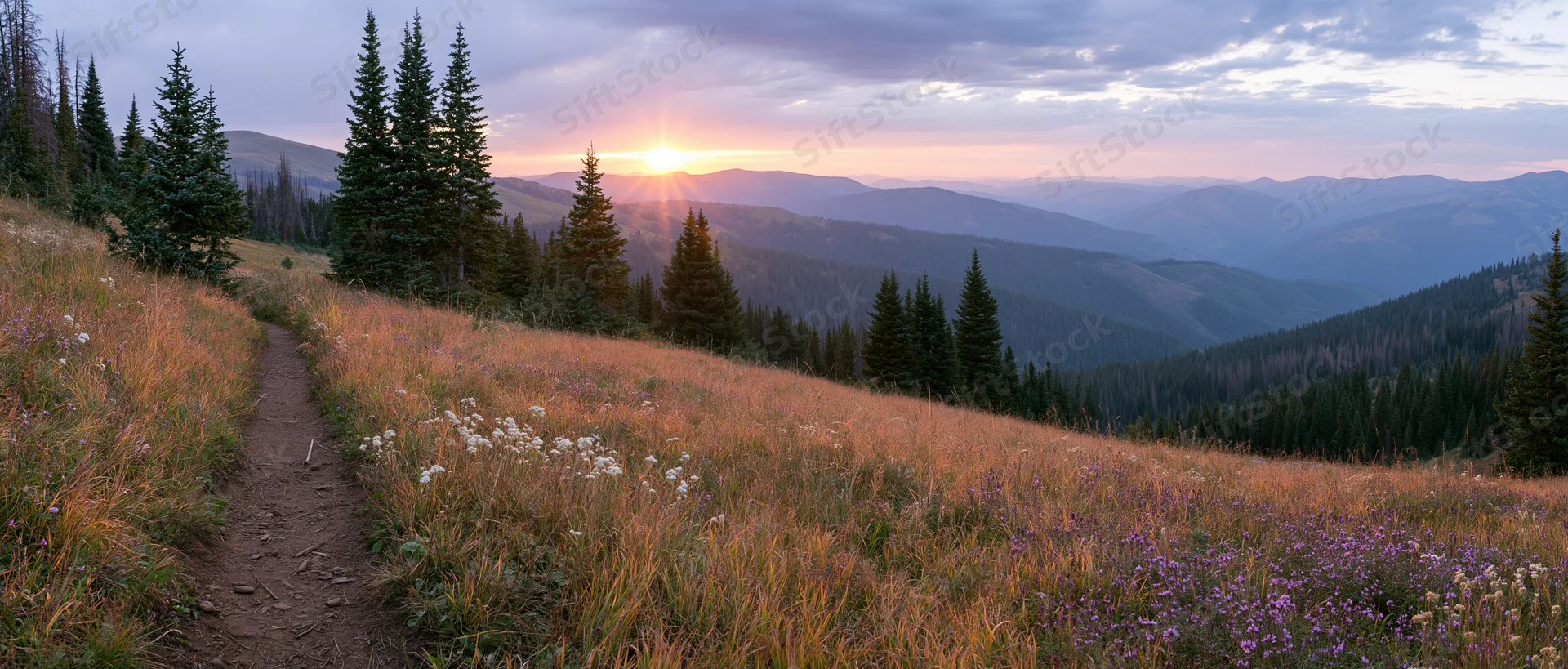 Narrow dirt path through alpine meadow with wildflowers at sunset, surrounded by pine forest and mountains