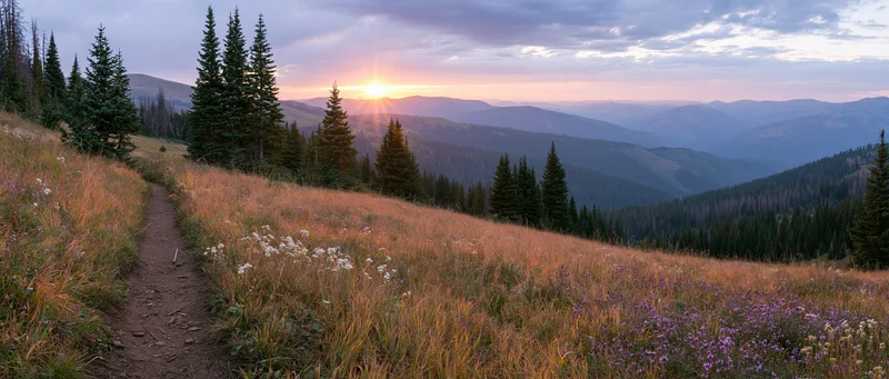 Narrow dirt path through alpine meadow with wildflowers at sunset, surrounded by pine forest and mountains