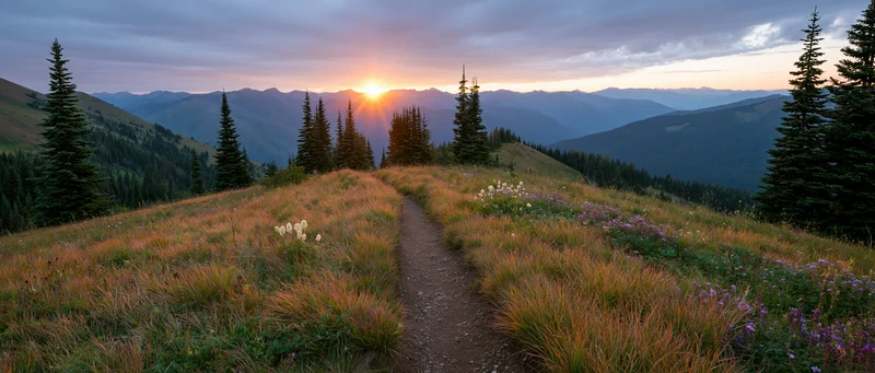 Narrow dirt path through alpine meadow with wildflowers at sunset, surrounded by pine trees and mountains