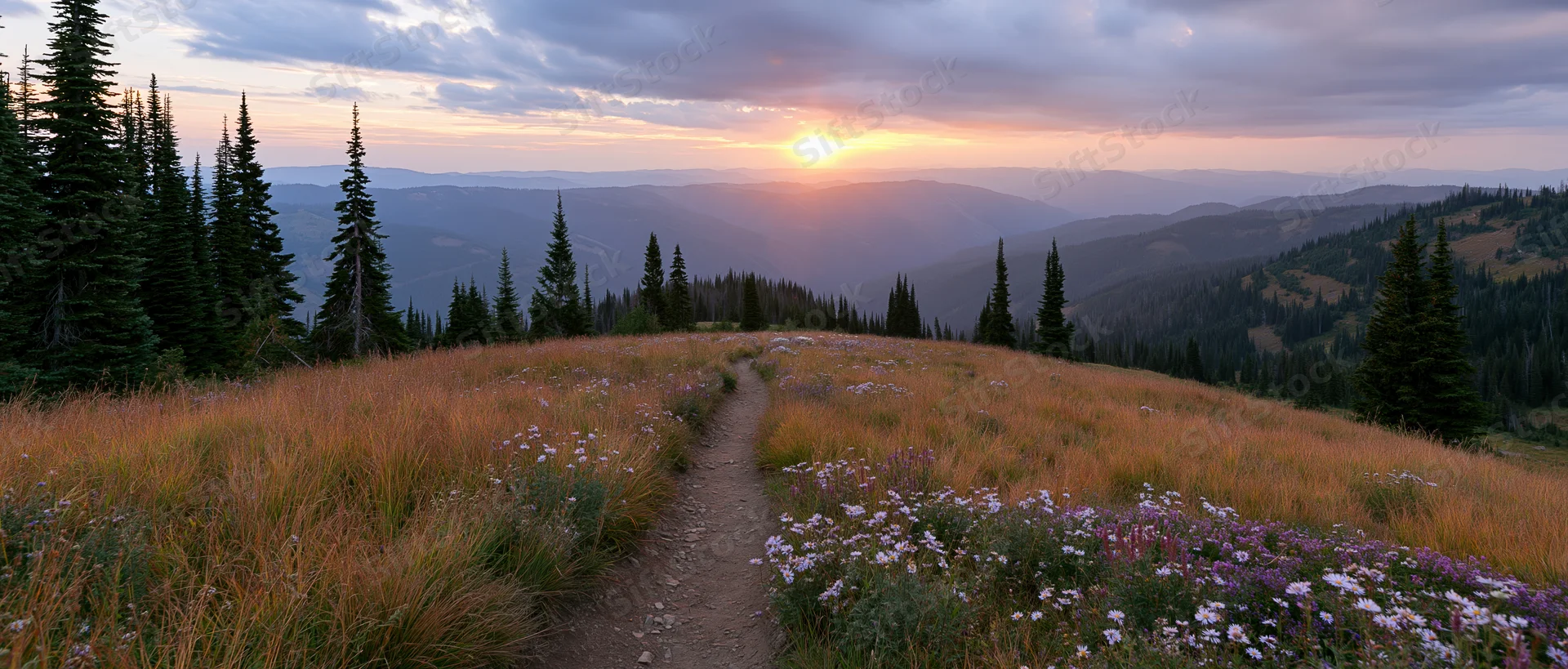 Narrow dirt path through alpine meadow with wildflowers at sunset