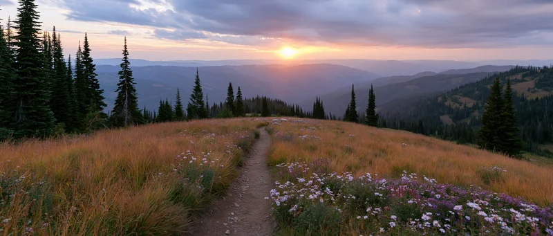 Narrow dirt path through alpine meadow with wildflowers at sunset
