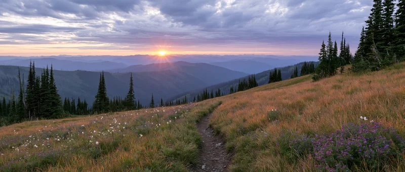 Narrow dirt path through alpine meadow with wildflowers at sunset, surrounded by pine forest and distant mountains