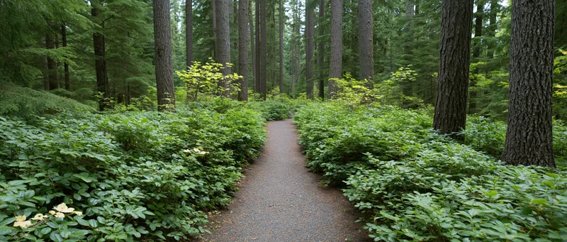 Narrow gravel path winding through dense evergreen forest with lush green shrubs and tall conifer trees