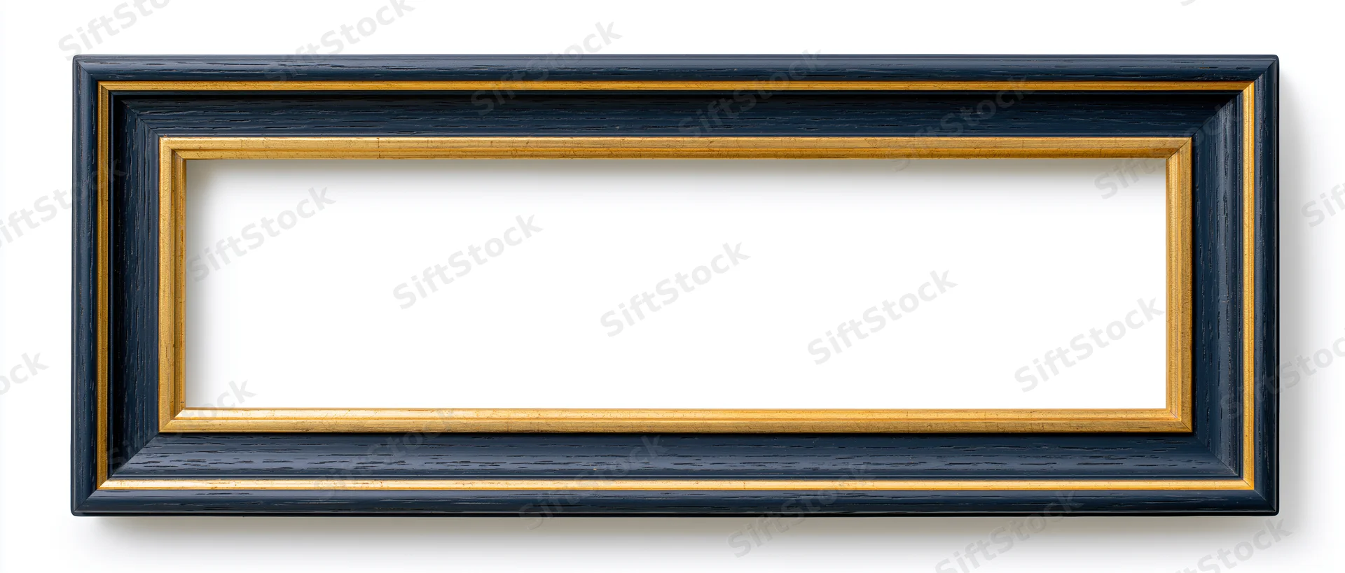Narrow rectangular picture frame with black and gold wood finish isolated on white background