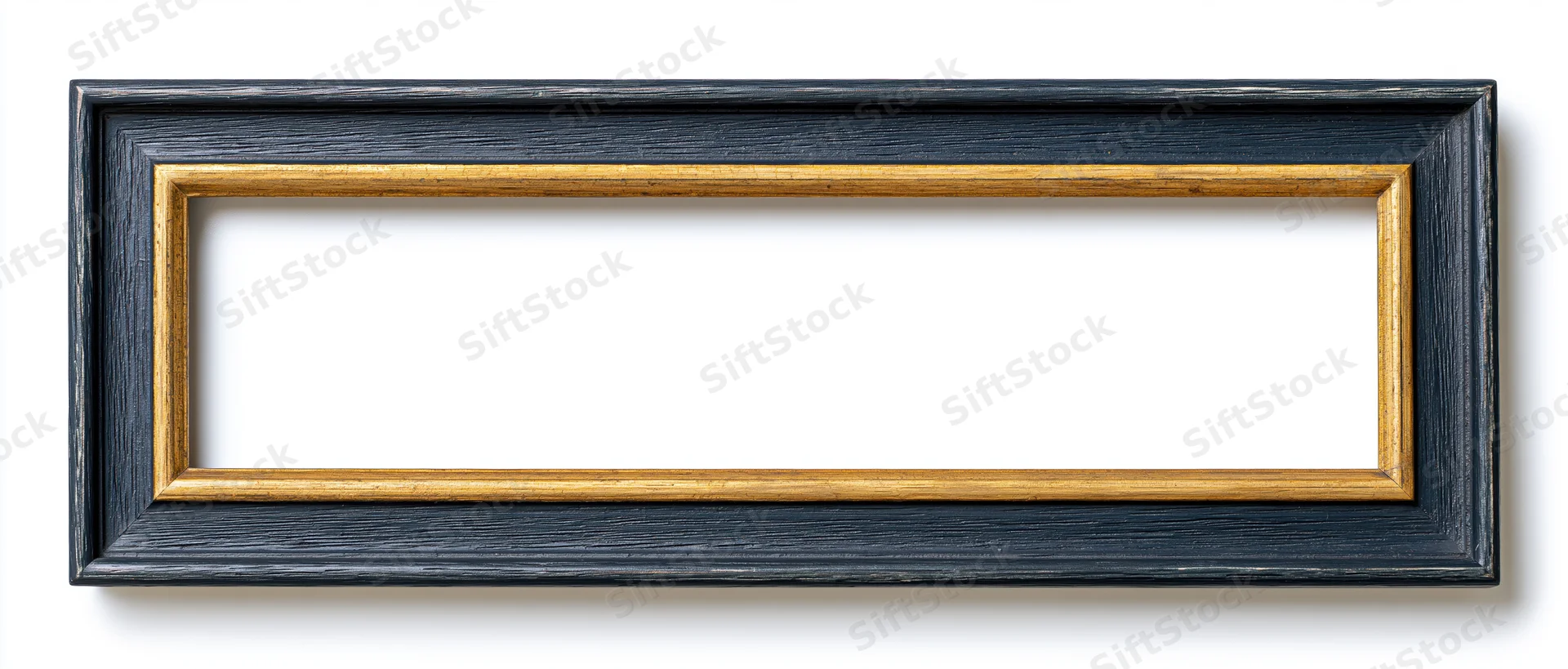Narrow rectangular picture frame with black wood and gold inner border isolated on white background