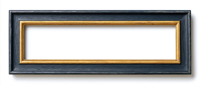 Narrow rectangular picture frame with black wood and gold inner border isolated on white background