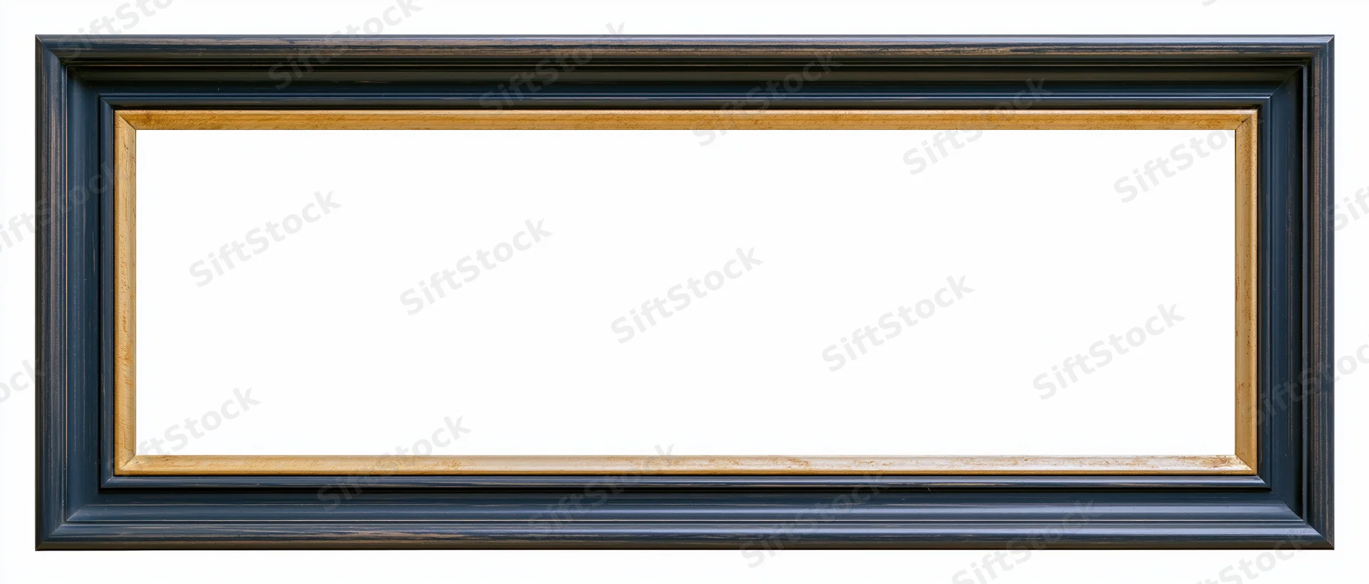 Narrow rectangular picture frame with black wood and gold inner border isolated on white background