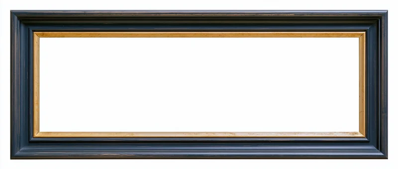 Narrow rectangular picture frame with black wood and gold inner border isolated on white background