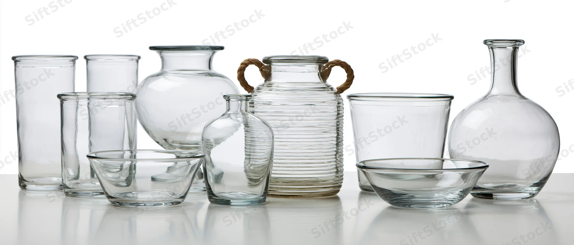 Nine empty clear glass vessels arranged in a row on a reflective white surface