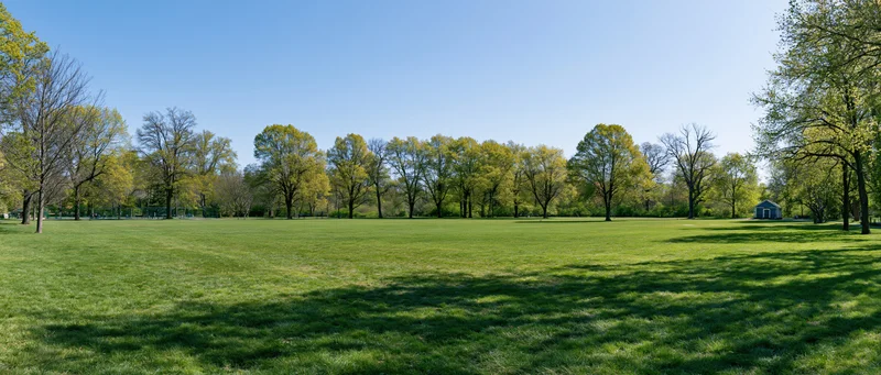 Wide view of a green lawn in a public park with trees and blue sky in early spring