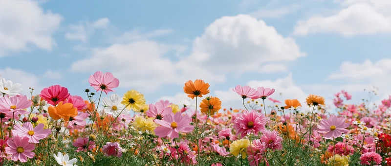 Colorful cosmos and wildflowers blooming in a meadow under a blue sky with clouds