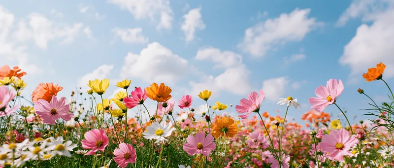 Colorful cosmos and wildflowers blooming in a meadow under a blue sky with white clouds