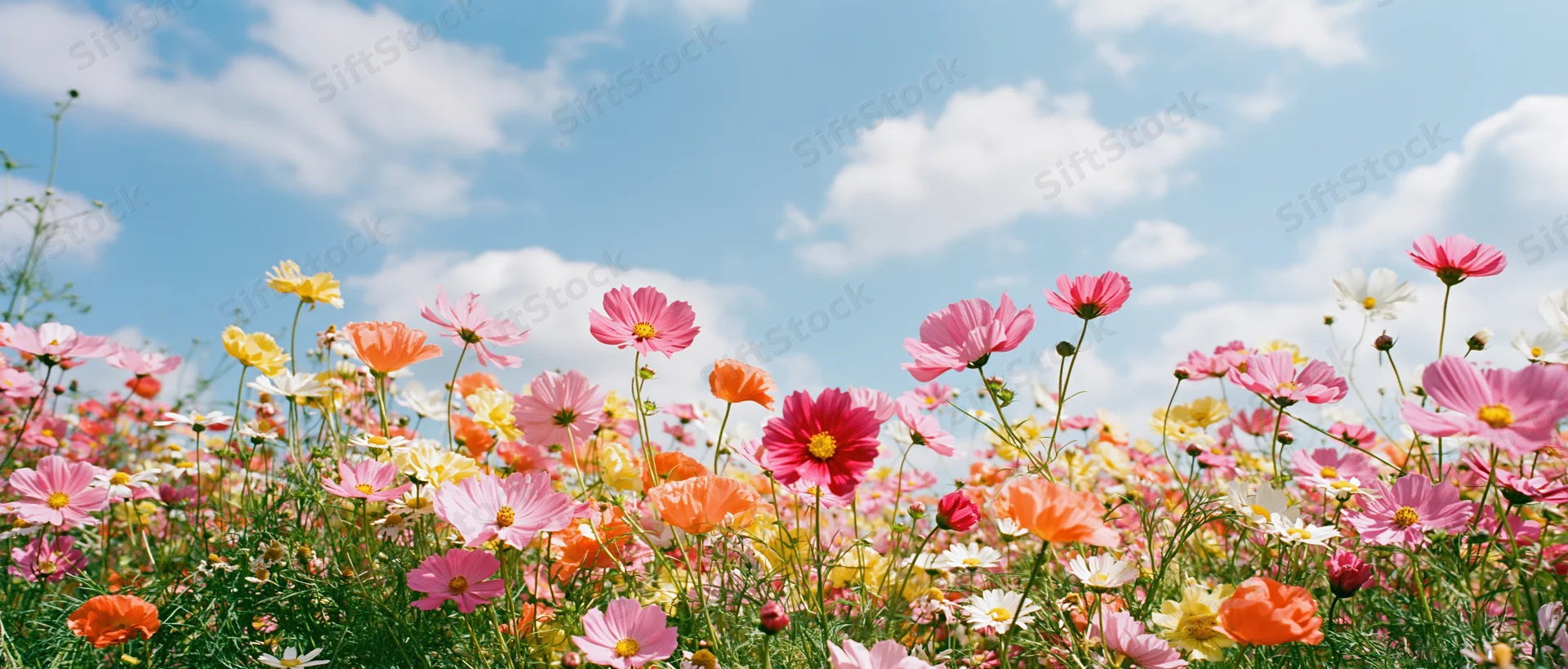 Colorful cosmos and wildflowers blooming in a meadow under a blue sky with clouds