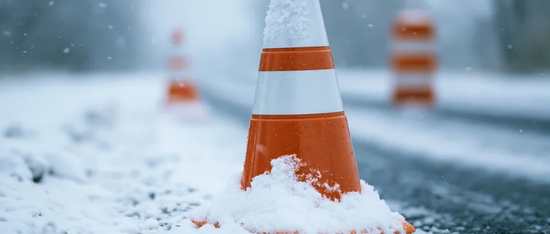 Orange and white traffic cone covered in snow on a wet road during snowfall