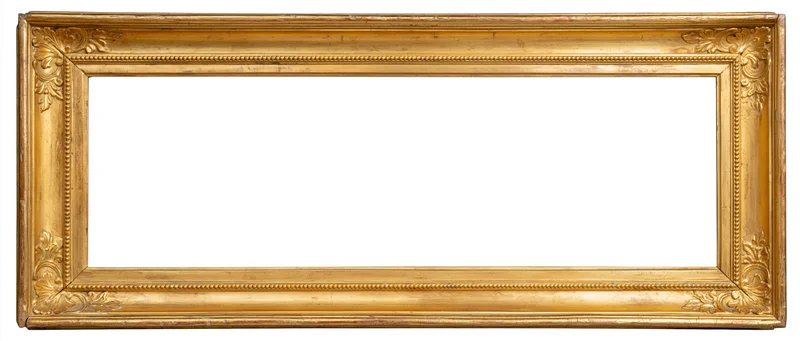 Ornate antique gold picture frame with floral carvings and beaded molding, flat-lay view
