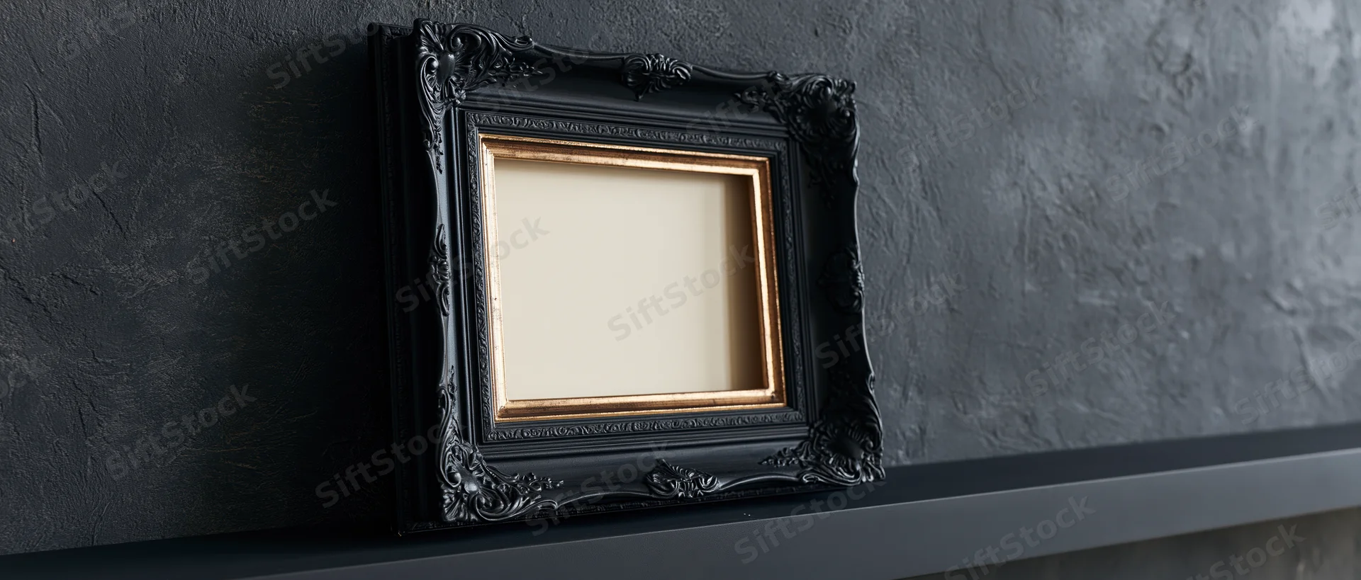 Ornate black baroque frame with gold trim resting on dark shelf against textured wall