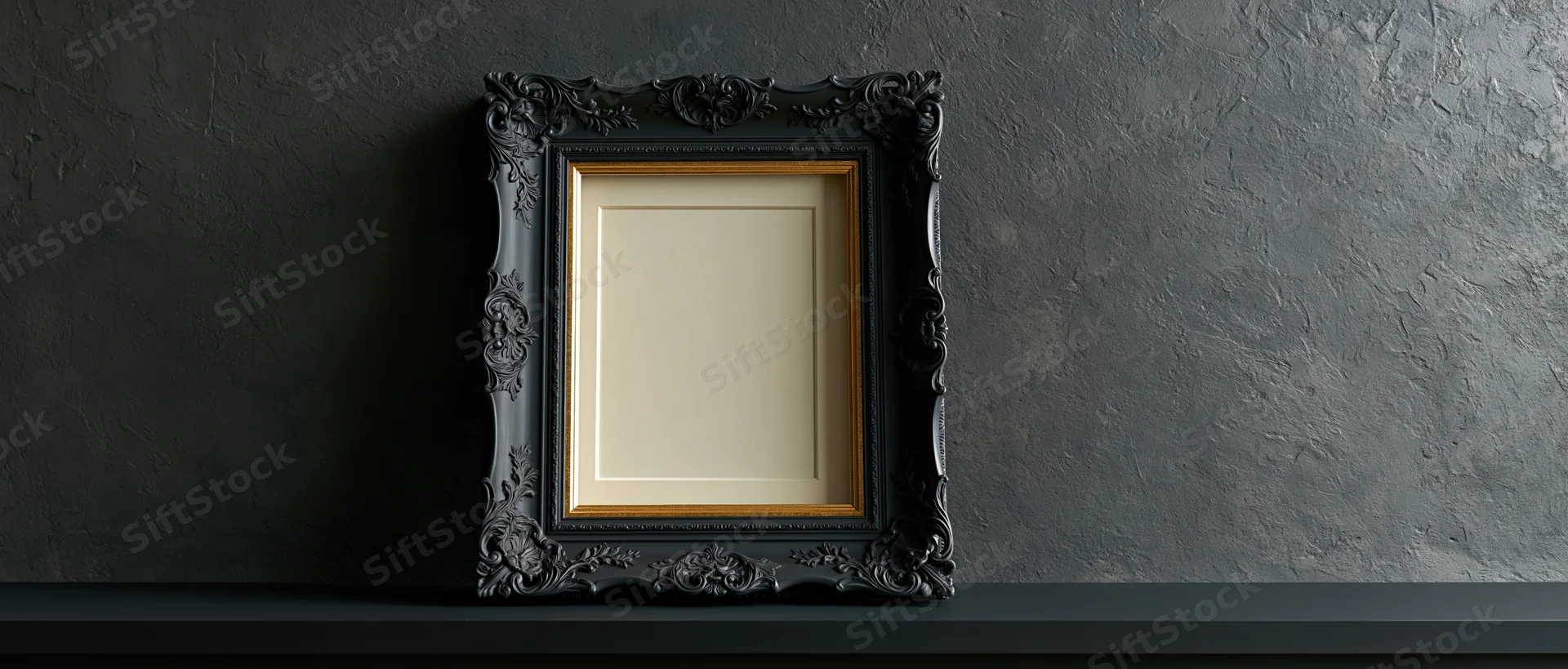 Ornate black baroque frame with gold trim resting on dark shelf against textured gray wall