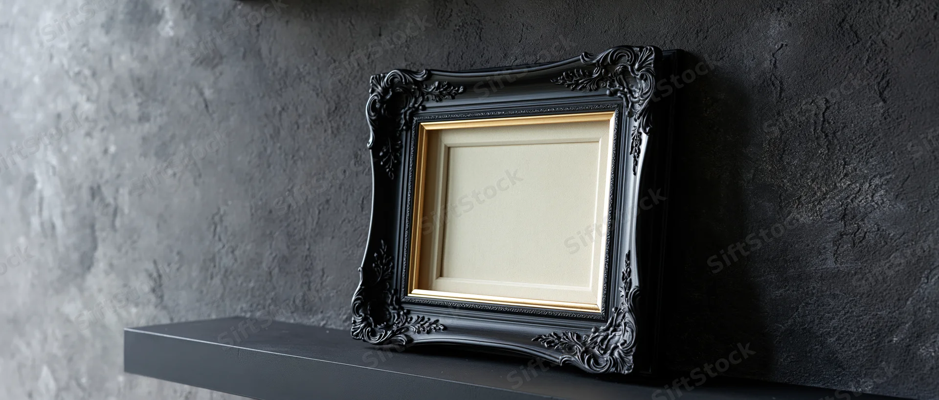Ornate black baroque frame with gold trim resting on dark shelf against textured wall