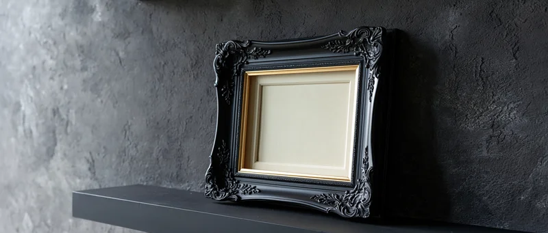 Ornate black baroque frame with gold trim resting on dark shelf against textured wall