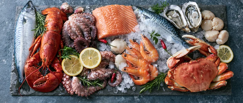 Fresh seafood arranged on ice with lemon and herbs on dark slate platter