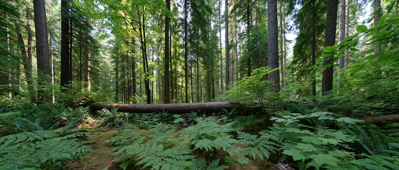 Dense old-growth conifer forest interior with tall trees and lush fern undergrowth