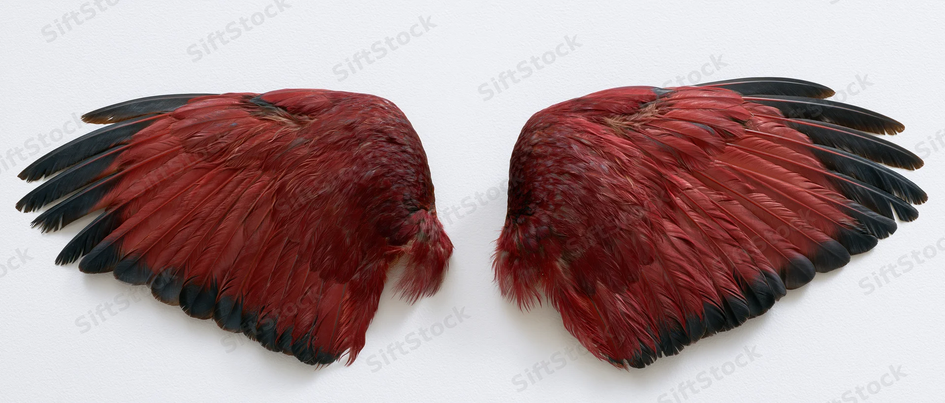 Pair of large bird wings spread symmetrically on white background