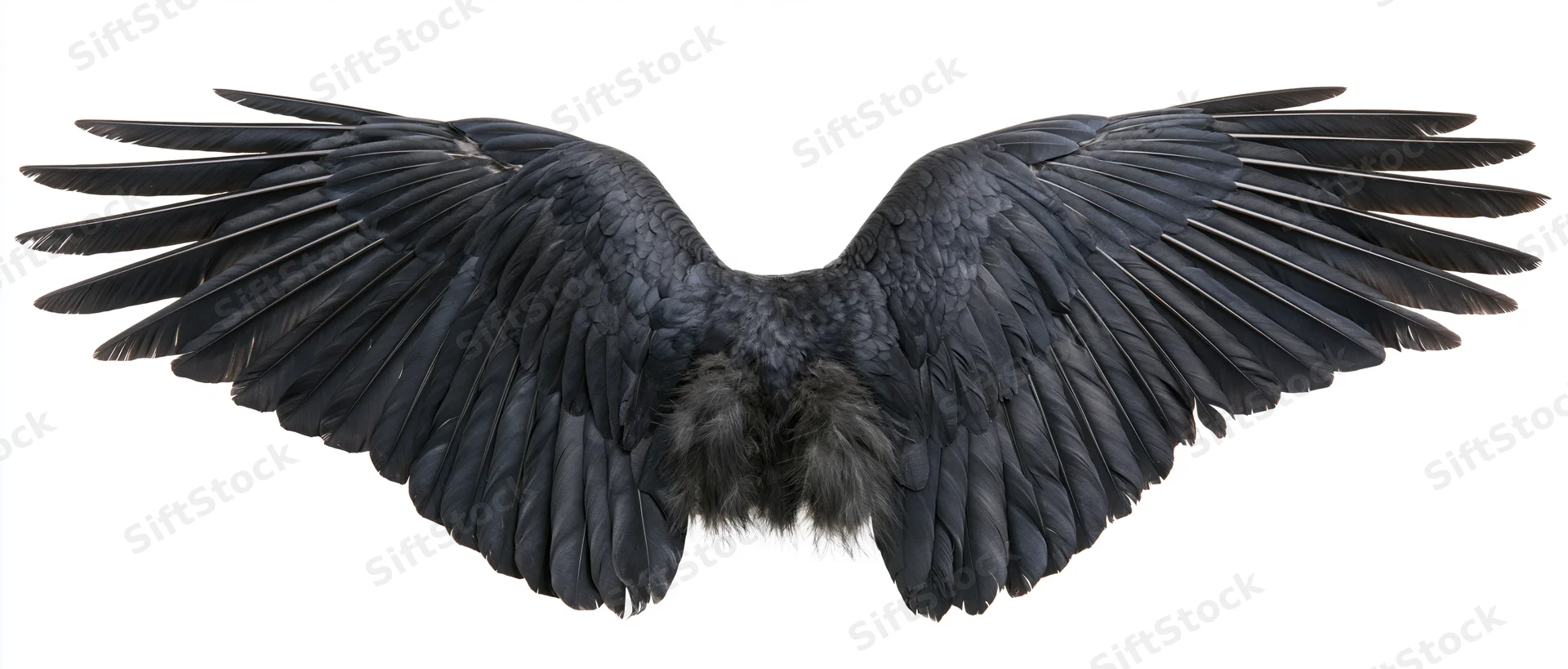Pair of black bird wings spread symmetrically isolated on white background