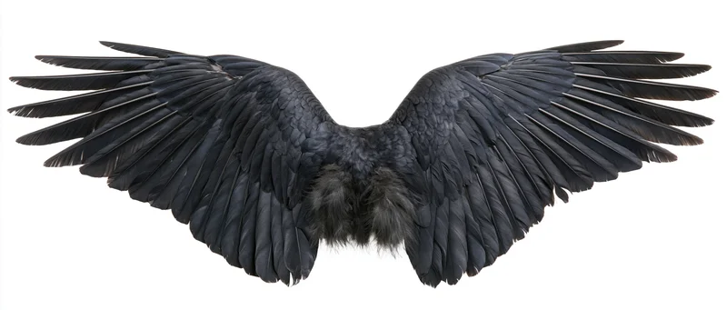 Pair of black bird wings spread symmetrically isolated on white background