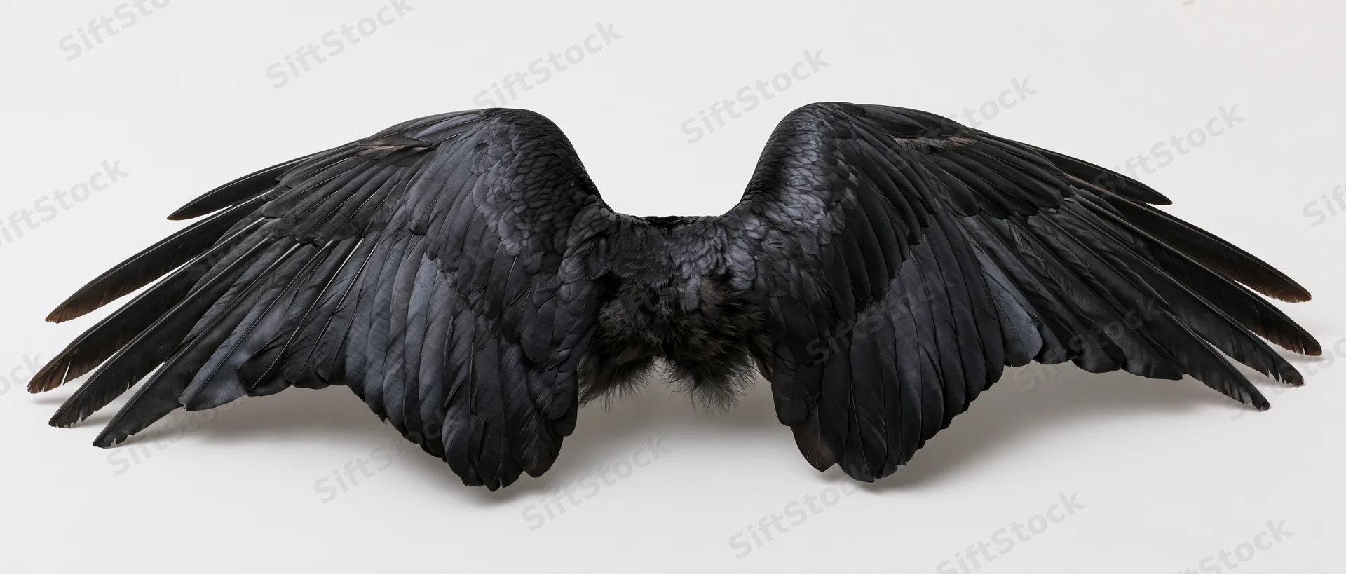 Pair of black bird wings spread wide symmetrically on white background
