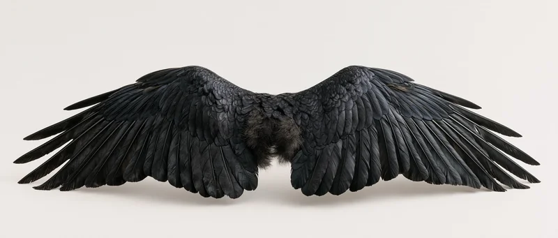 Pair of black bird wings spread wide symmetrically against white background