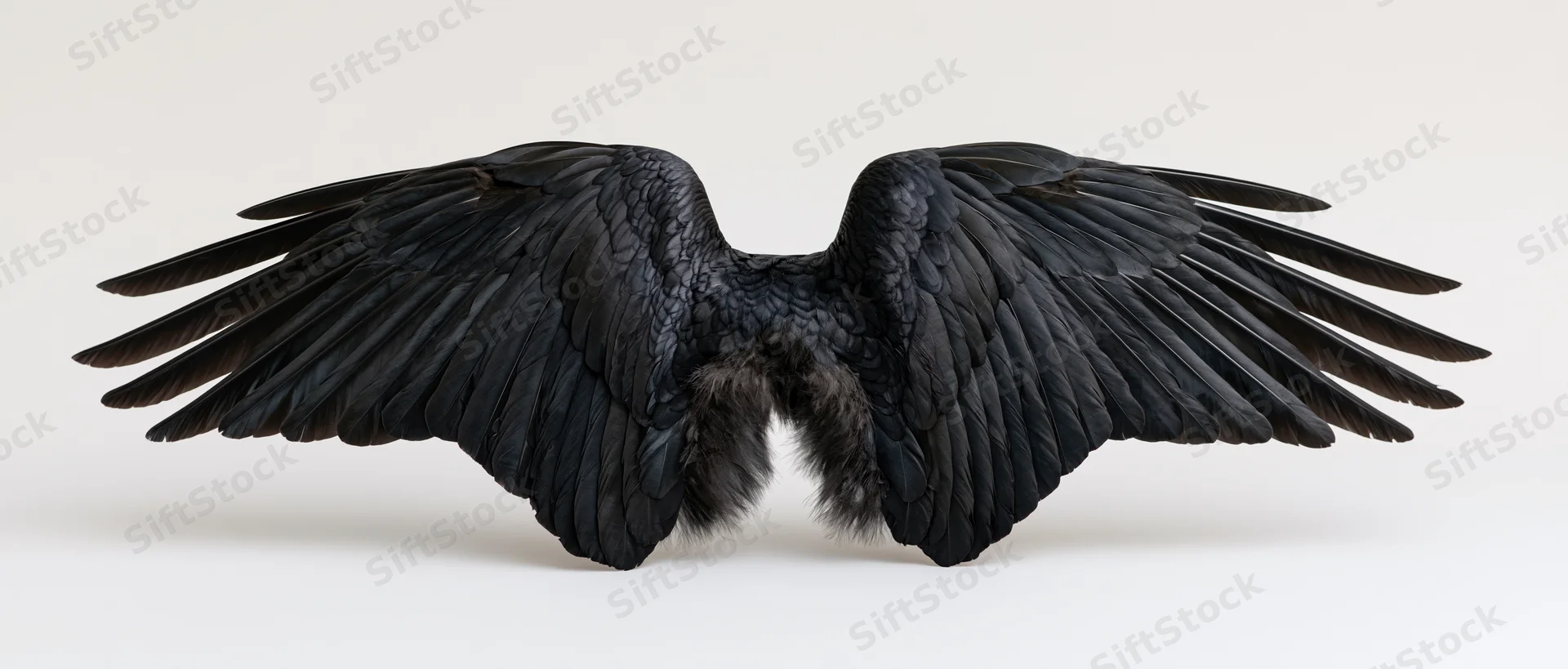 Pair of black bird wings spread wide symmetrically on white background