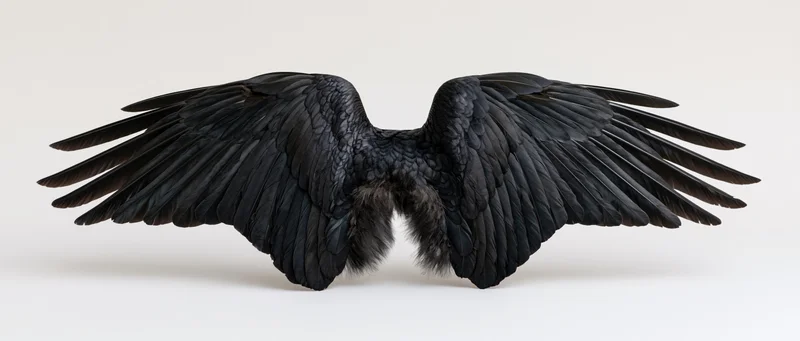 Pair of black bird wings spread wide symmetrically on white background