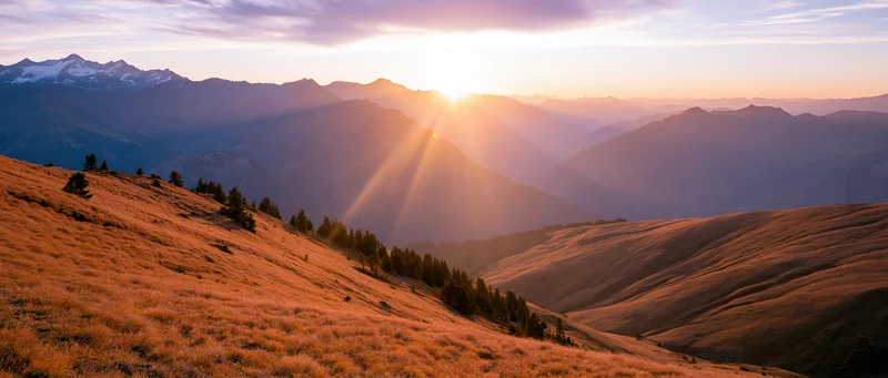 Panoramic alpine landscape at golden sunset with layered mountains and grassy slopes