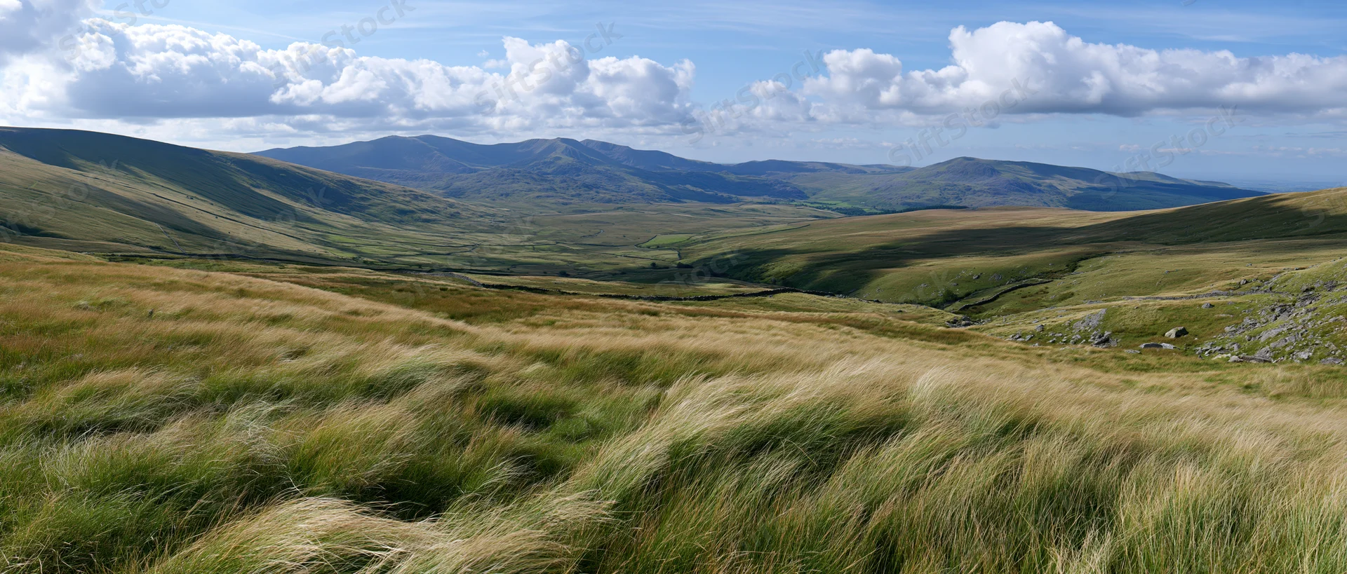 Panoramic view of wind-swept grassy moorland with rolling hills and distant mountains under a partly cloudy sky