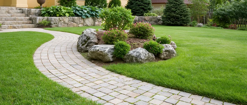 Curved stone pathway winding through a landscaped residential garden with green lawn and shrubs