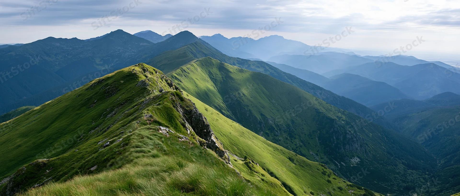 Panoramic view of layered green mountain ridges receding into the distance under an overcast sky
