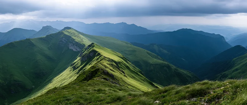 Panoramic view of layered green mountain ridges receding into the distance under an overcast sky