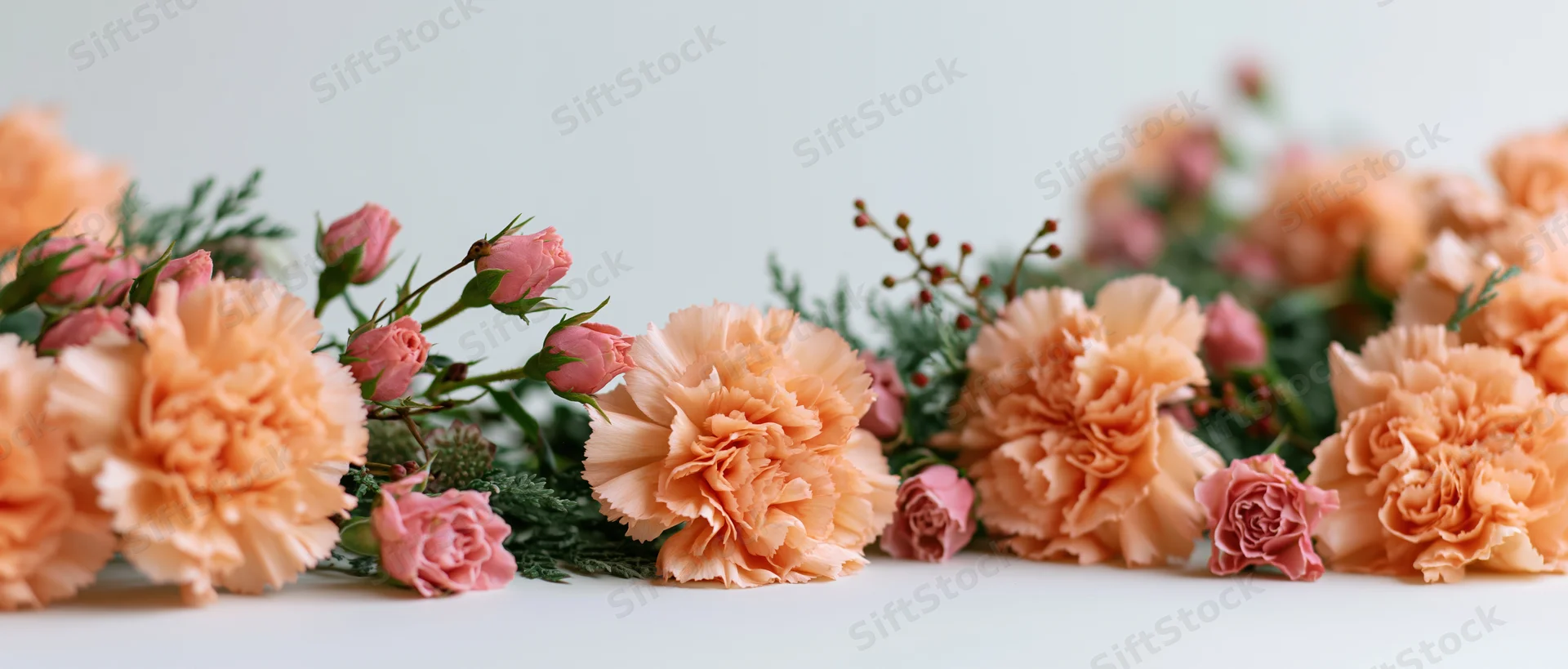 Peach carnations and pink rosebuds arranged in a wide floral display on a white surface
