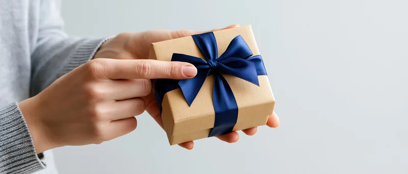 Hands holding a small kraft paper gift box tied with a blue ribbon against a neutral background