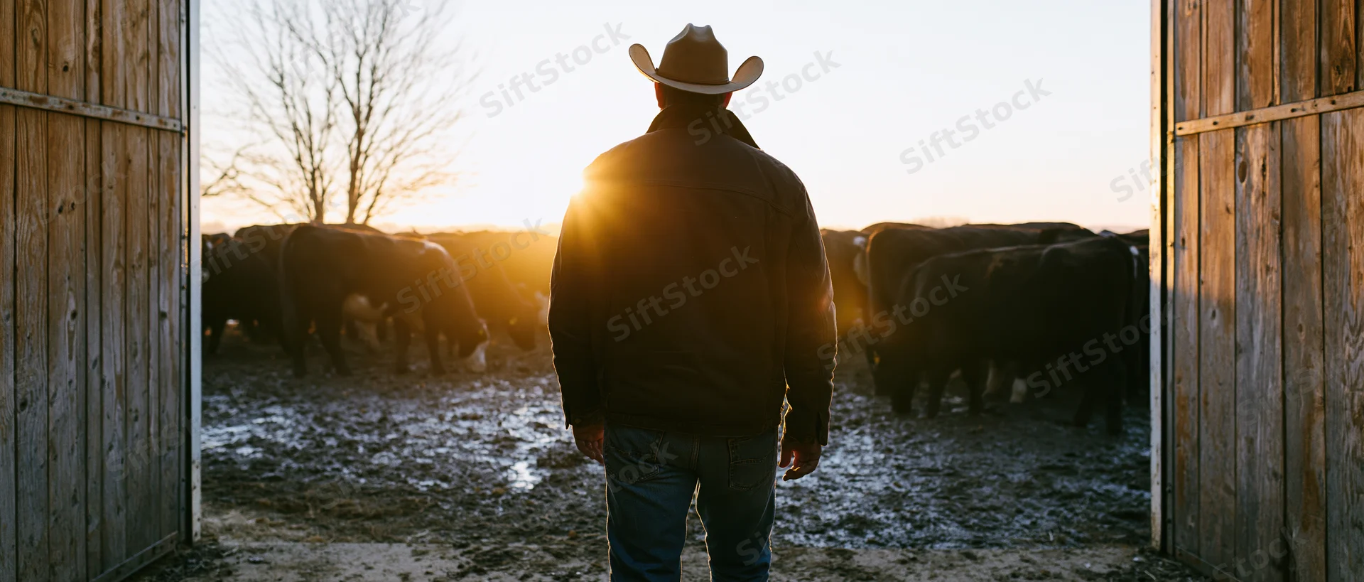 Rancher in cowboy hat standing with back to camera at barn doorway overlooking cattle herd at sunset