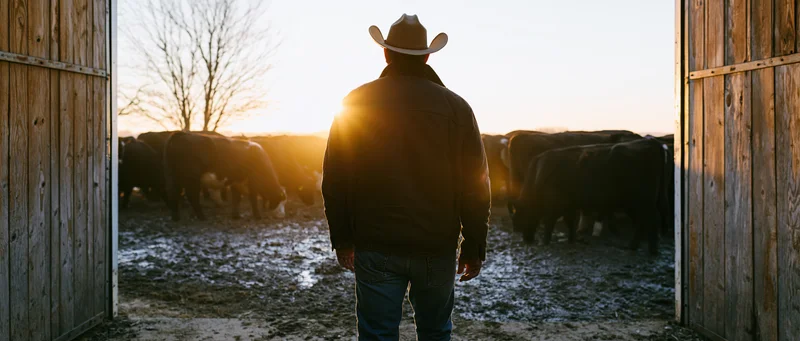 Rancher in cowboy hat standing with back to camera at barn doorway overlooking cattle herd at sunset