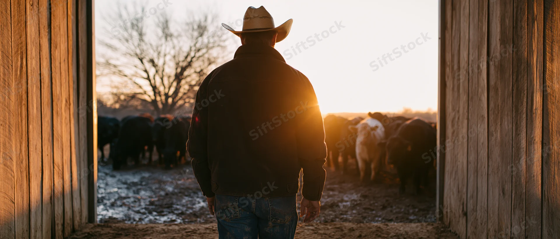 Rancher in cowboy hat standing at barn doorway facing cattle herd at sunset