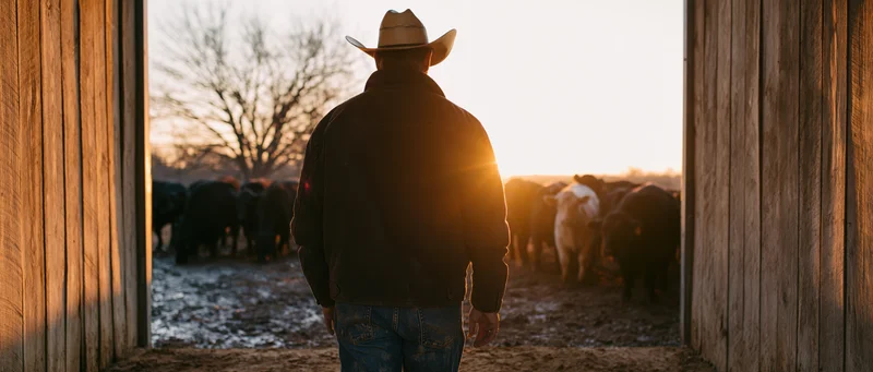 Rancher in cowboy hat standing at barn doorway facing cattle herd at sunset