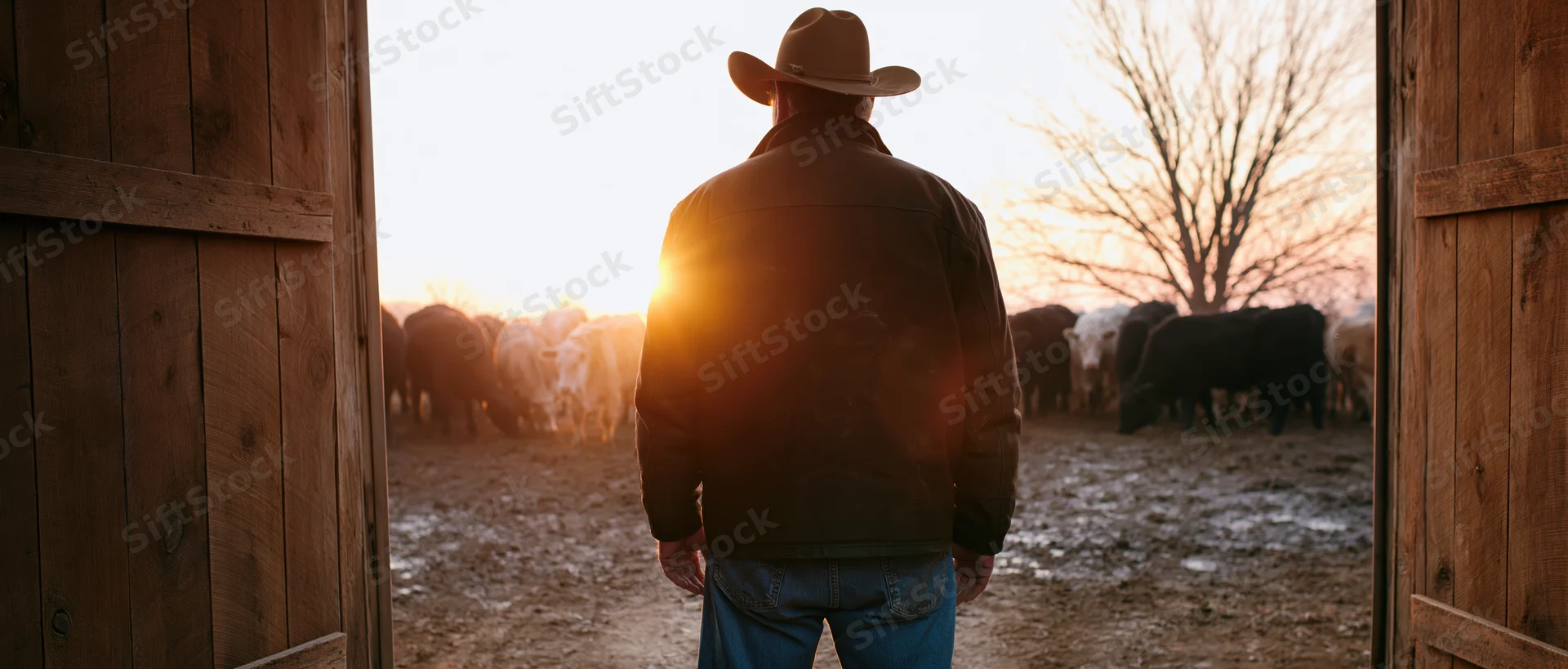 Rancher in cowboy hat standing at barn doorway facing cattle herd at sunset