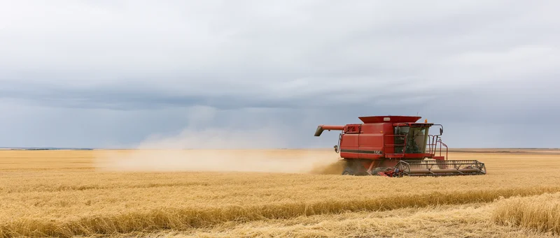 Red combine harvester harvesting wheat in a vast golden field under cloudy sky