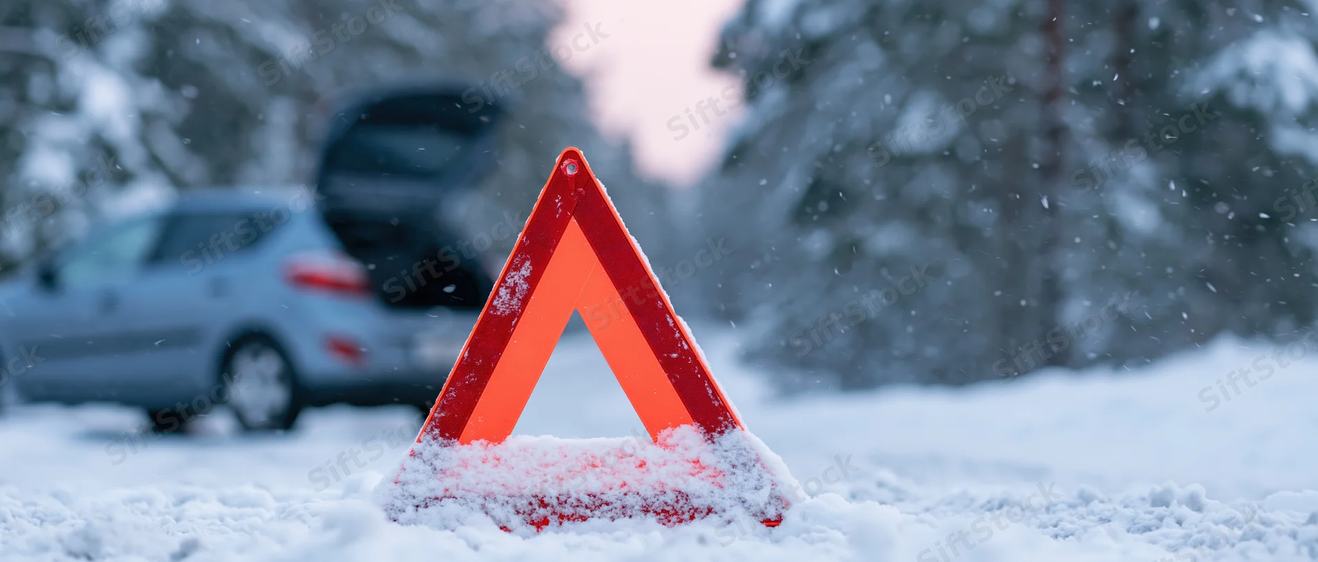 Red emergency warning triangle in snow near broken-down car on winter road
