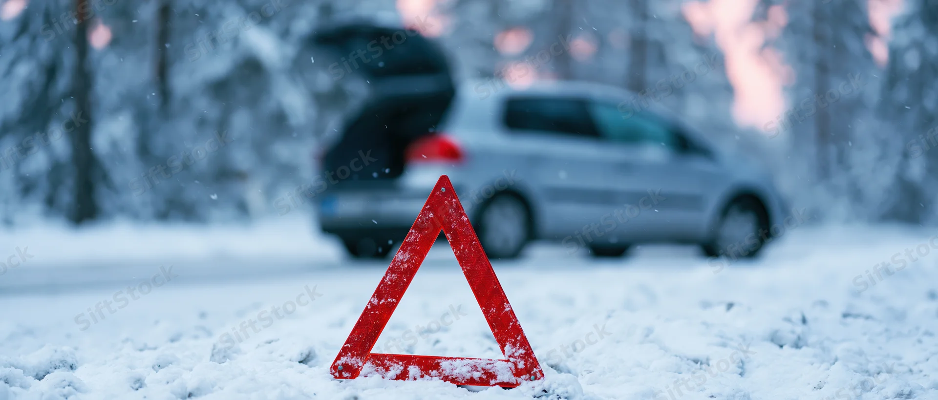 Red emergency warning triangle in snow near a broken-down car on a winter road