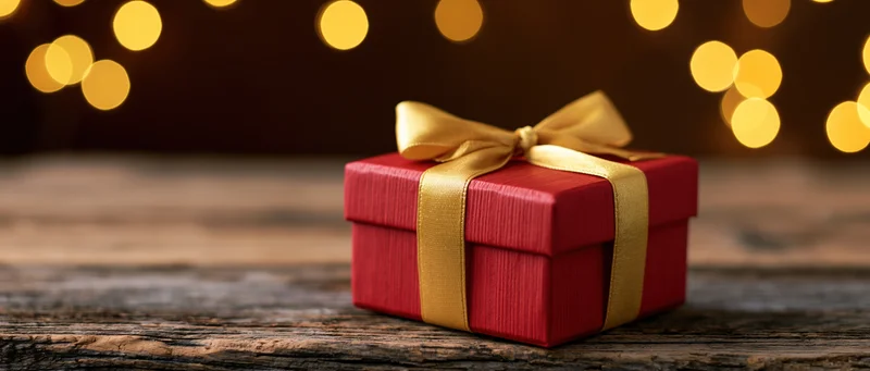 Red gift box with gold satin ribbon and bow on rustic wooden surface against warm bokeh lights background