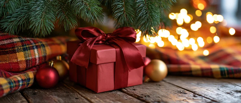 Red gift box with satin bow on wooden floor under pine branches with festive lights and plaid blanket